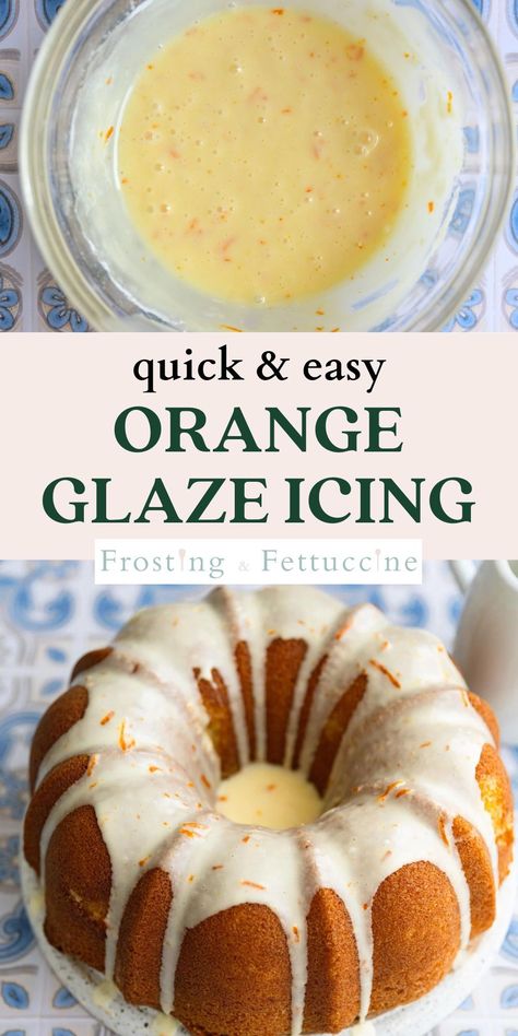 Orange icing is the perfect glaze to top bundt cakes or dip donuts into! This orange glaze recipe is made with fresh orange juice and orange zest for a bright and zesty flavor. It can be made in one bowl in just 2 minutes! Orange Juice Pound Cake, Orange Glaze Icing, Orange Cake Icing, Orange Glaze Cake, Glazed Icing Recipe, Bunt Cake Recipe, Orange Juice Cake, Orange Bundt Cake, Glaze Icing