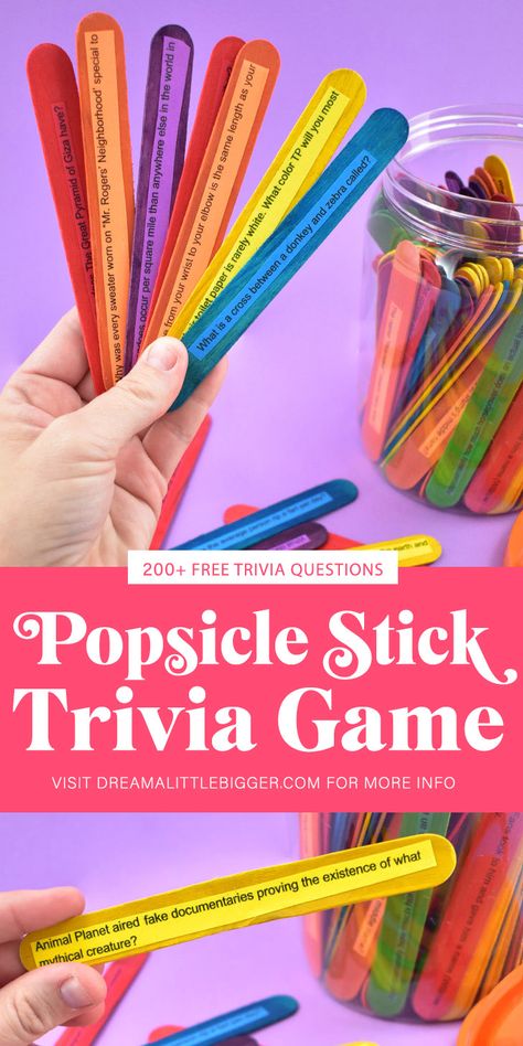 We've got 200+ free trivia questions for a DIY game that is so much fun, so easy to carry around and, best of all, educational. Get the free questions and details to make your very own popsicle stick trivia game now! #popsiclestickcraft #diycraftsforkids #triviagame #triviaquestionsandanswers #forkids Diy Trivia Game, Games For Elderly Activities, Trivia Game Ideas, Wellness Games, Free Trivia Questions, Ece Activities, Space Activity, Stick Game, Vacation Prep