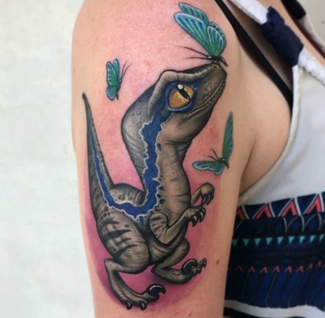 Cute Velociraptor, Velociraptor Tattoo, Jurassic Park Tattoo, T Rex Tattoo, Austin Tattoo, Blue Jurassic World, Gamer Tattoos, Dinosaur Tattoos, Tattoo Trend