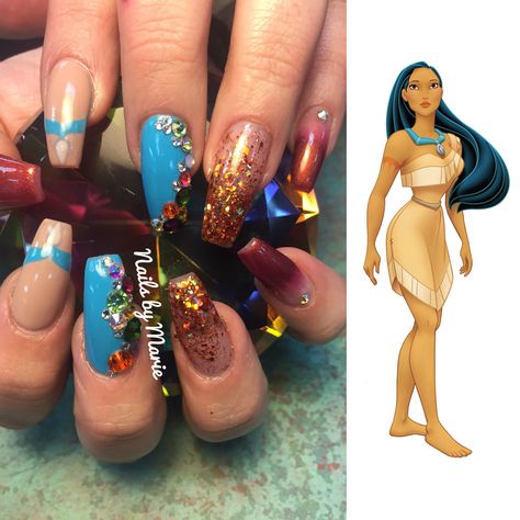 Disney's Pocahontas inspired Disney nails Pocahontas Inspired Nails, Pocahontas Nail Art, Pocahontas Nails, Disney Nail, Disney Pocahontas, Nail Idea, Disney Nails, Beauty Tricks, Acrylic Nails Coffin