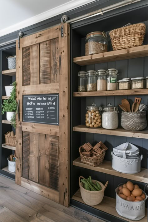 Keep your kitchen organized with a modern farmhouse kitchen mudroom. Explore storage solutions, seating options, and design ideas. #ModernFarmhouse #KitchenDesign #MudroomIdeas #Organization #HomeImprovement Unique Kitchen Pantry Ideas, Farmhouse Food Storage, Interior Design Kitchen With Island, Farmhouse Small Pantry, House Kitchen Organization, Mudroom Pantry Ideas, Kitchen Linen Organization, Reclaimed Interior Design, Modern Farmhouse Kitchen Decorations