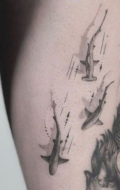 Tattoos Fish, Tattoo Fishing, Small Shark Tattoo, Aquatic Tattoo, Shark Tattoo Ideas, Fishing Tattoos, Whale Shark Tattoo, Hai Tattoo, Underwater Tattoo