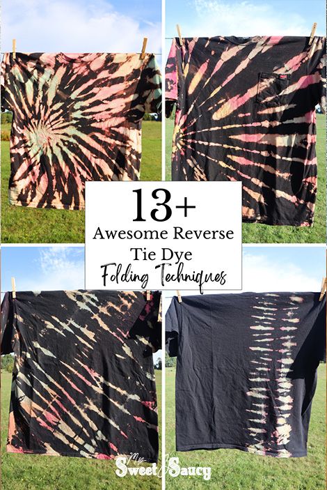 Awesome Reverse Tie Dye Folding Techniques - My Sweet and Saucy Reverse Tie Dye Folding Techniques, Folding Techniques For Tie Dye, Reverse Bleach Tie Dye, Reverse Tie Dye With Bleach Patterns, Bleach Tie Dye Techniques, Reverse Tie Dye Patterns Techniques, Tye Dye Folding Techniques, Diy Reverse Tie Dye Bleach, Tie Dye Hacks