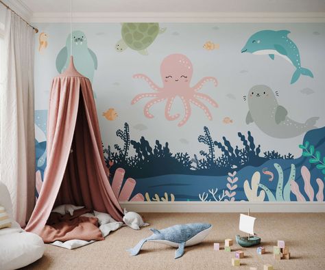 Friendly Octopus, Ocean Wall Mural, Under The Sea Wallpaper, The Sea Wallpaper, Underwater Realm, Sea Bedrooms, Sea Murals, Ocean Mural, Underwater Wallpaper