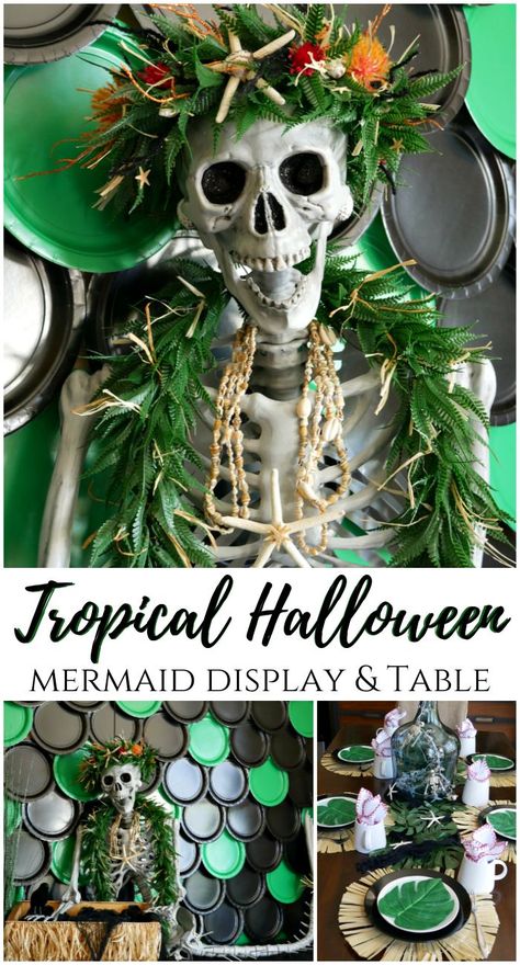 Tropical Halloween Mermaid Display and Table Decor Ideas. #ad #OTCSkeletonSquad #halloweenideas #halloweendecor #halloweenskeleton #mermaidskeleton @orientaltrading #OTCHalloween #orientaltrading Mermaid Skeleton Decor, Mermaid Skeleton Halloween Decor, Haunted Ocean Halloween, Skeleton Luau, Haunted Tiki Party, Spooky Island Party, Spooky Luau, Haunted Luau, Mermaid Display