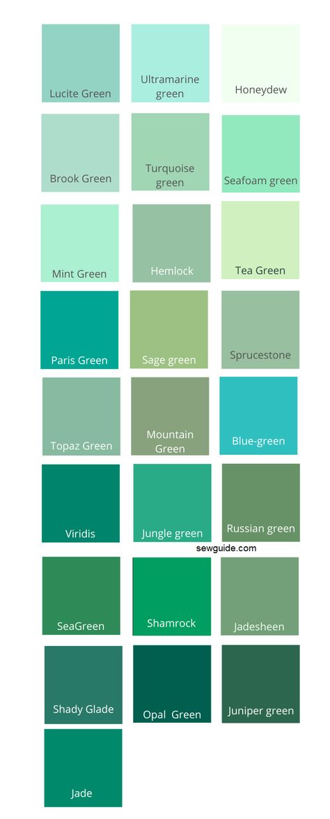 Mint Color Names, Green Palate Color Palettes, Green Shades For Bedroom, Different Shades Of Colors, Green Color Names Shades, Types Of Greens Colours, Colors Green Palette, Green Shades Name, Colors Of Green Shades