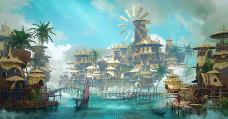 ArtStation - ISLAND VILLAGE, Prabhu B Marc Brunet, Fantasy Architecture, Fantasy Village, Fantasy Island, Landscape Concept, 다크 판타지, Island Art, Fantasy City, Fantasy Setting