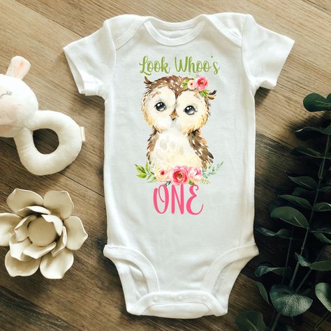 Look Whoos Turning One, Owl First Birthday Girl, Thanksgiving Baby Onesie, Owl First Birthday, Thanksgiving Onesie, Woodland Animal Birthday, Girl Woodland, Happy First Birthday, First Birthday Shirts