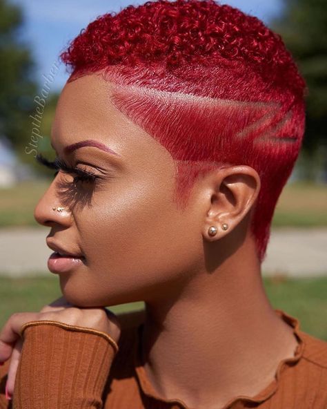 This firey pixie cut by @stepthebarber stopped us right in our tracks🔥😍@jasmonique_jorian_ is serving in this cut✂️ Are you loving it as much as we do🔥? Curly Hair Taper, Low Cut Hairstyles, Valentines Hairstyles, Shaved Hair Designs, Short Red Hair, Tapered Natural Hair, Natural Hair Cuts, Natural Hair Short Cuts, Short Hair Black