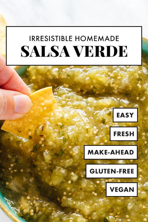 This homemade salsa verde is FRESH, simple and DELICIOUS! Once you try this roasted salsa verde recipe, you'll never go back to store-bought. This recipe will take your Mexican meals to the next level. #cookieandkate #homemade #salsaverde #simple #fresh Roasted Salsa Verde Recipe, Roasted Salsa Verde, Roasted Salsa, Roasted Tomatillo Salsa, Homemade Salsa Verde, Salsa Verde Recipe, Roasted Tomatillo, Easy Food Recipes, Seven Layer Dip