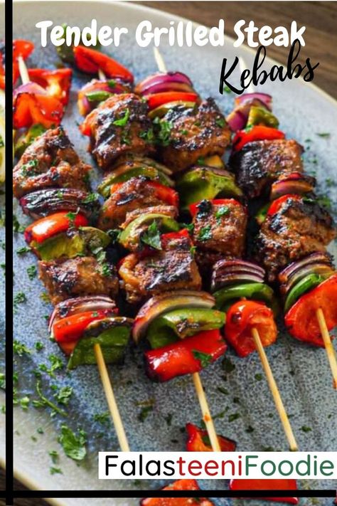 A must try recipe of tender steak kebab chunks. Steak is cut and marinated with juicy and delicious flavors to be grilled with charred vegetables. Beef Skewers Grill, Steak Skewers, Steak Kebabs, Beef Kebabs, Delicious Steak, Kebabs On The Grill, Veggie Skewers, Beef Skewers, Tender Steak