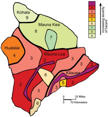 HVO researchers have created a map of volcanic hazard zones on the Big Island — ranked one through nine, with zone one being the most dangerous. Credit: U.S. Geological Survey Hawaiian Volcano Observatory. Hazard Map, Flow Map, Mauna Loa, Create A Map, Lava Flow, Hawaii Island, Us Map, Big Island, Volcano