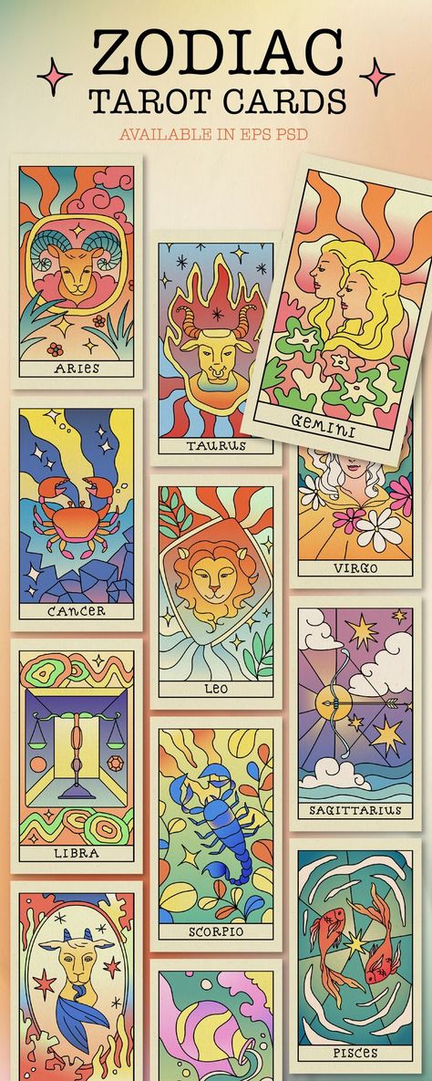 Enjoy colorful designs tarot card horoscope illustration elements set along with simple black and white doodles of 12 zodiac signs. Download these backgrounds for social media story and mobile wallpaper now! Black And White Doodles, Horoscope Illustration, Tarot Cards Art Illustration, Illustration Elements, Free Tarot Cards, Tarot Card Readings, Horoscope Art, Zodiac Cards, Learning Tarot Cards