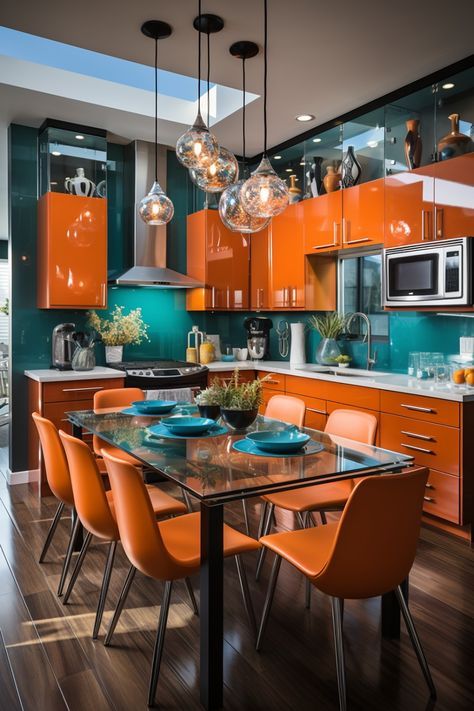 Girlie Apartment, Orange Kitchen Decor, Vibrant Kitchen, Funky Kitchen, Teal Kitchen, Simple Projects, Practical Kitchen, Budget Apartment, Orange Kitchen