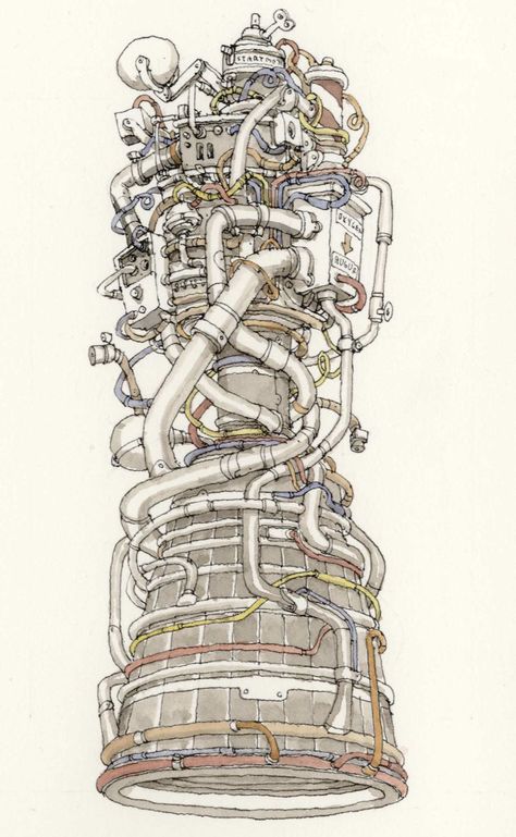 Machine Parts Drawing, Space Rocket Illustration, Rocket Illustration, Mechanical Drawing, Machine Art, Rocket Engine, Mechanical Engineering Design, Technical Illustration, Mechanical Art