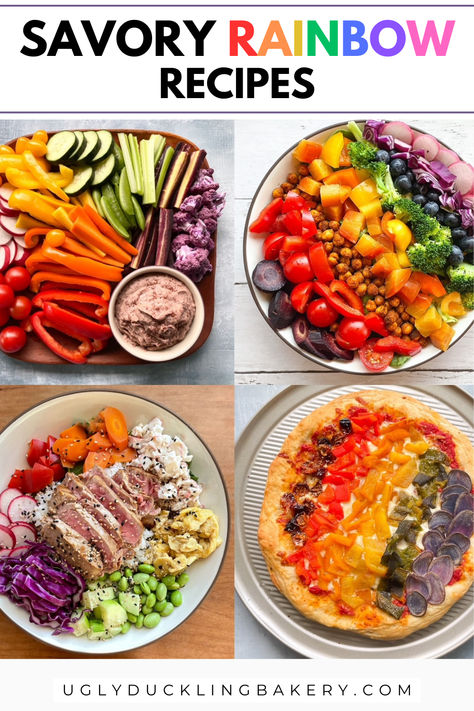 four images of rainbow bowls and dishes. On the top left is a rainbow veggie tray, top right is rainbow salad, bottom left is rainbow poke bowl, and bottom right is rainbow pizza. The title reads, "Savory rainbow recipes" and the website uglyducklingbakery.com is below. Rainbow Food Ideas Healthy, Rainbow Diet Recipes, Eat The Rainbow Recipes, Rainbow Trifle, Rainbow Food Recipes, Rainbow Meals, Rainbow Food Ideas, Rainbow Eating, Colorful Meals