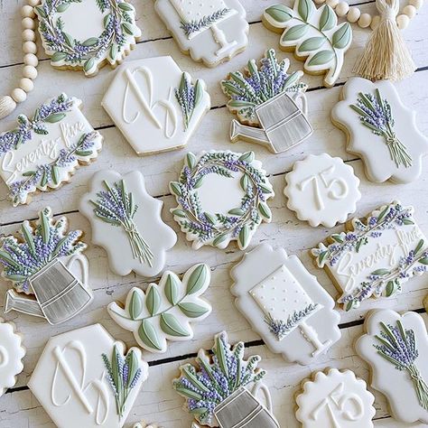 Melissa (@themillerswifecustomcookies) • Instagram photos and videos Lavender Cookies, Flower Sugar Cookies, Engagement Cookies, Flooding Cookies, Monogram Cookies, Crazy Cookies, Sugar Cookie Royal Icing, Iced Sugar Cookies, Spring Cookies