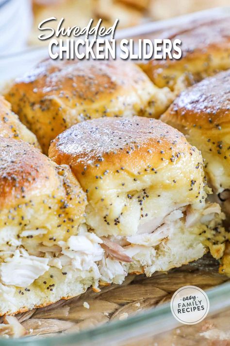 Shredded Chicken Sliders are an easy, crowd-pleasing meal or appetizer. They're made with soft and sweet Hawaiian rolls layered with juicy shreds of chicken, melty provolone, and a honey mustard glaze. Pulled Chicken Sliders Kings Hawaiian, Rotisserie Chicken Sliders, Shredded Chicken Sliders, Chicken Sliders Recipes, Healthy Sliders, Easy Chicken Sliders, Grad Food, Sliders Easy, Sliders Recipes Hawaiian Rolls