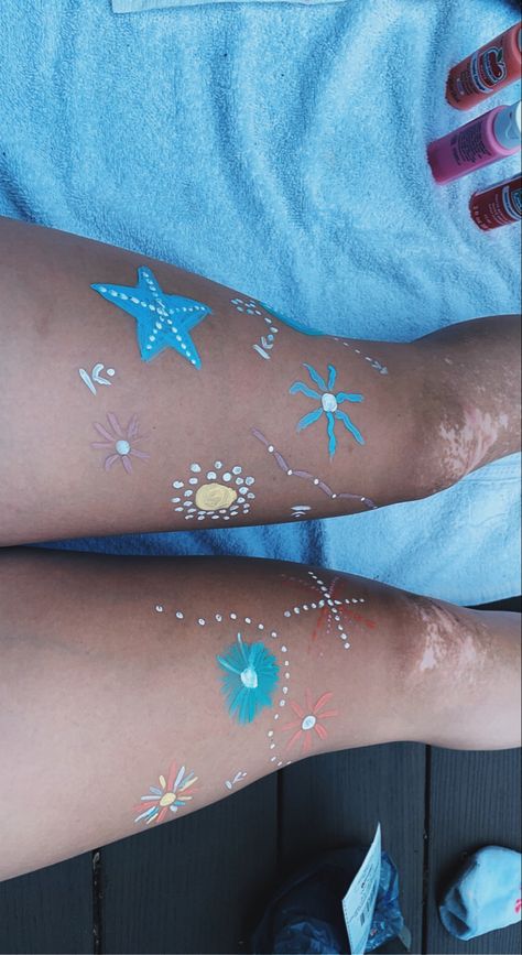 Things To Paint On Your Leg, Summer Leg Painting Ideas, Leg Painting Body Art, Teen Camp, Pirate Face, Summer Legs, Cheer Posters, Spirit Week Outfits, Leg Art