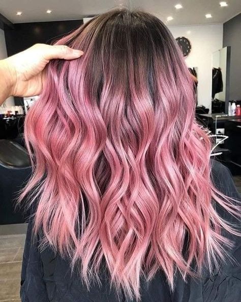 Bayalage Brunette Pink, Rose Gold With Shadow Root, Pink Hair Inspiration Ombre, Hair Color Inspo Straight Hair, Pastel Pink Bayalage Hair, Blush Pink Balayage, Bubblegum Hair Color, Pink Ombre Brown Hair, Dark Roots With Pink Hair