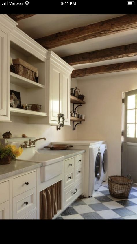 Vintage Tile Laundry Room, Historic Laundry Room, French Door To Laundry Room, Utility Cabinet In Laundry Room Farmhouse, Apron Front Sink Laundry Room, Laundry Room Ideas Rustic Farmhouse, Country Home Laundry Room, Checkered Flooring Laundry Room, Tudor Laundry Room