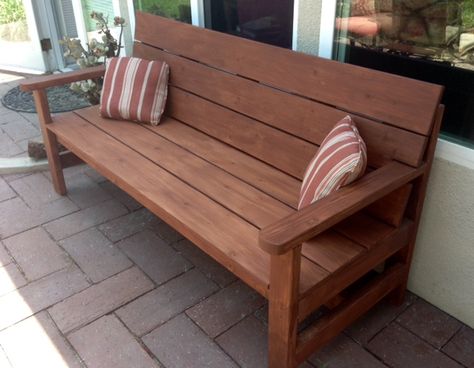 Outdoor Patio Bench Diy, Outside Wooden Bench, Bench Wood Outdoor, Outdoor Wood Bench With Back, Diy Wood Bench With Back, Diy Bench With Backrest, Modern Garden Bench, Diy Wood Bench Outdoor, Outdoor Diy Bench