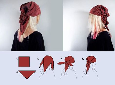 DIY Tutorial: Fashion / Head scarf style 6 easy ways Diy Headscarf, Headscarf Ideas, Pirate Hair, Kostum Halloween, Donne Calve, Knot Ponytail, Pirate Bandana, Celana Fashion, Ponytail Wrap