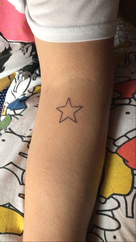 Inner Arm Star Tattoo, Star On Arm Tattoo, Star Stick N Poke, All Things Must Pass Tattoo, Big Star Tattoo, Star Minimalist Tattoo, Star Tattoo Placement, Minimal Star Tattoo, Star Stick And Poke Tattoo