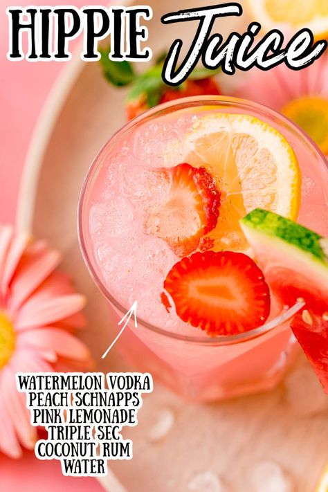 Hippie Juice uses watermelon vodka, triple sec, coconut rum, and peach schnapps to make a strong, incredibly smooth, sweet, and fruity drink! via @sugarandsoulco Hippie Juice Recipe, Fruity Vodka Drinks, Watermelon Vodka Drinks, Sweet Alcoholic Drinks, Hippie Juice, Fruity Mixed Drinks, Fruity Alcohol Drinks, Alcoholic Punch Recipes, Peach Vodka