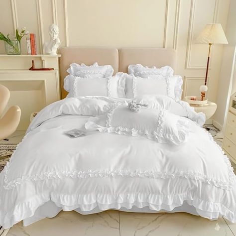 Amazon.com: Chic Lace Bedding,Girls Twin Aesthetic Comforter Cover Set,Cute Princess Style Ruffled Duvet Cover with 2 Layers Ruffles, Zipper Closure-Yellow,Twin : Home & Kitchen Cute White Comforters, Bed With White Comforter, Coquette Bed Sheets, Angelcore Room, Love Shack Fancy Bedroom, Cute Comforters, Preppy Bed, Coquette Bedding, Twin Aesthetic