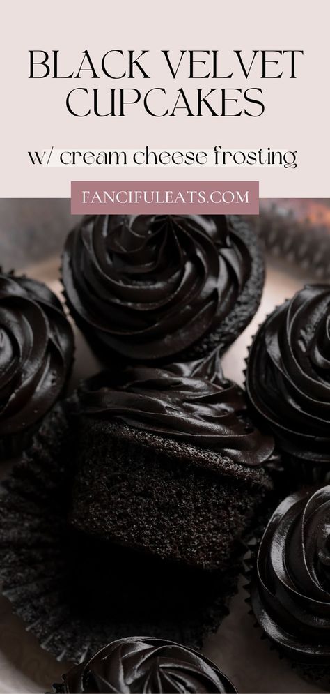 Black Velvet Cupcakes. Black Velvet Cupcakes, Black Cocoa Powder, Black Cocoa, Halloween Dessert, Velvet Cupcakes, Coffee Cream, Distilled White Vinegar, Halloween Desserts, Cheese Frosting