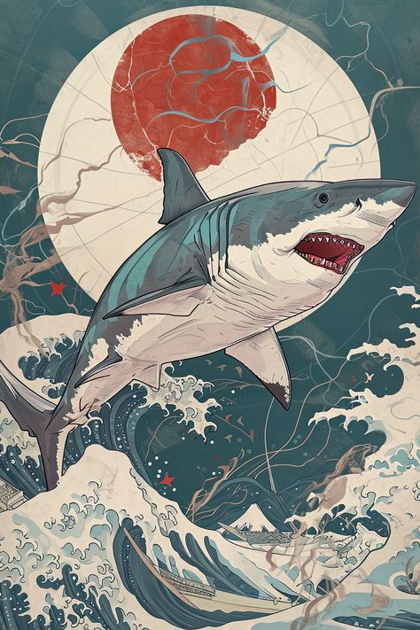 Shark art poster inspired in the style of Japanese-inspired motifs, He Jiaying, cardboard, RTX, Winslow Homer, cross-hatching. He Jiaying, Shark Poster, Shark Illustration, Shark Pictures, Shark Decor, Shark Drawing, Japanese Poster Design, Shark Art, Cross Hatching