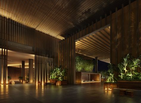 The interior of the hotel infuses traditional Asian design with futuristic architecture. Most of the trees and plants are sourced from Hainan Island, making the landscape ecologically sustainable. Resorts Design, Port Cochere, Asia Restaurant, Lobby Lighting, Hotel Landscape, Lift Lobby, Edition Hotel, Hotel Lobby Design, Asian Interior