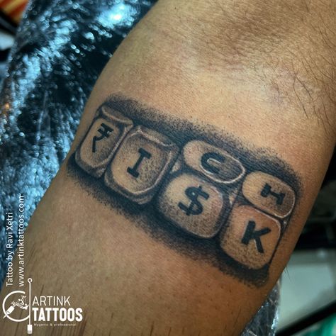 come visit us for your favourite tattoo at sentrum mall 2nd floor Artink Tattoos
Artist_  
 "Rich Risk" Dice Tattoo_A "rich risk" tattoo can express a daring personality and unique style. It can also symbolize confidence and competence. 
#rich #risk #dice #custom #tattoo #idea #forearm #tattoo #tattoolover #tattooart #asansol #west #bengal #india Tattoo Idea Forearm, Dice Tattoo Men, Risk Rich Tattoo, Diamond In The Rough Tattoo, Risk Tattoo, Risk Taker Tattoo, Dice Tattoo, Best Neck Tattoos, Neck Tattoos