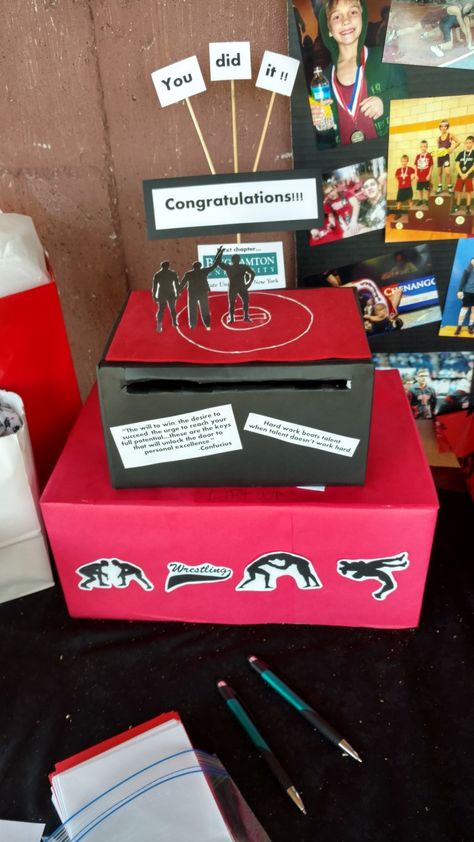 Wrestling card box Graduation Graduation Party Ideas For Wrestler, Wrestling Graduation Cap Ideas, High School Wrestling Banquet Ideas, Wrestling Valentine Boxes, Wrestling Graduation Party Ideas, Senior Wrestling Gifts, Wrestling Banquet Ideas, Card Box Graduation, Wrestling Banquet