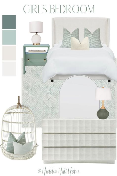 Green and Cream Girls Bedroom Design Board Cream Girls Bedroom, Girls Bedroom Mood Board, Girls Bedroom Teal, Girls Bedroom Green, Decor Mood Board, Bedroom Mood Board, Green Bedroom Decor, Girl Room Inspiration, Teal Bedroom