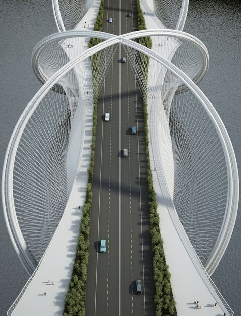 pendabridge  - Bridge Concept in Beijing Futurism, Futuristic Architecture, Bridges Architecture, Road Bridge, Winter Olympic Games, Bridge Design, Pedestrian Bridge, Winter Games, Futuristic City