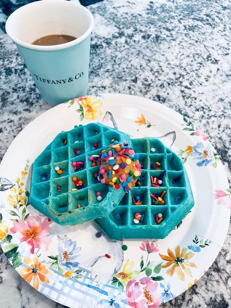 Teal Tiffany& Co coffee cup and Mermaid waffles Mermaid Breakfast Food, Mermaid Breakfast, Magic Birthday, Colorful Desserts, Blue Desserts, Unicorn Magic, Blue Food, Birthday Weekend, Mermaid Birthday