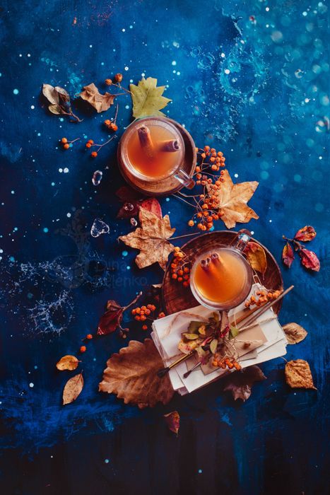 Autumn hot tea with ginger and cinnamon in a glass tea cup on a wet wooden background with copy space. Rainy autumn concept with fallen leaves and letters Complementary Colors Examples, Wet Autumn, Contrast Photography, Autumn Background, Autumn Tea, Shades Of Violet, Fallen Leaves, Orange Aesthetic, Dark Blue Background