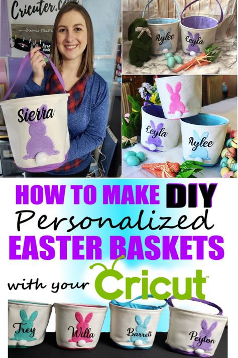 Cricut Projects To Sell, Personalized Easter Baskets, Diy Easter Basket, Creative Easter Baskets, Custom Easter Baskets, Projects To Sell, Round Signs, Easter Buckets, Personalized Easter Gifts