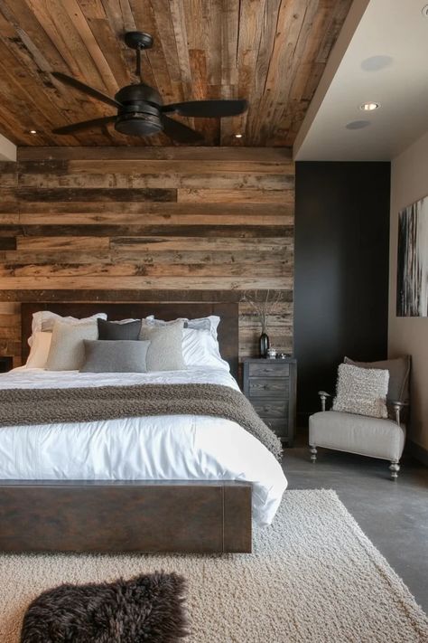 "Bring warmth and style to your bedroom with Modern Rustic Decor! 🛏️✨ A great way to create a cozy and inviting atmosphere. 🌿✨ #RusticStyle #BedroomInspiration #HomeDecor" Master Bedrooms, Mountain Modern Master Bed, Barndominium Ideas Interiors Bedroom, Rustic Farmhouse Master Bed, White Master Bedrooms Decor, Rustic Modern Bedroom, Modern Rustic Bedroom, Modern Rustic Bedrooms, Modern Rustic Decor