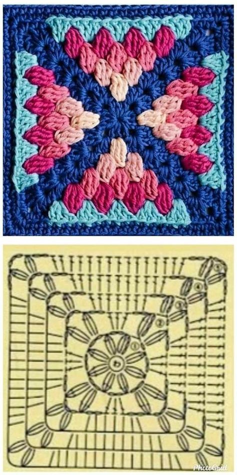 Granny Square Crochet Pattern Diagram, Motifs Granny Square, Granny Square Crochet Patterns Free, Crochet Bedspread Pattern, Mode Crochet, Crochet Blanket Designs, Crochet Motif Patterns, Crochet Daisy, Crochet Hexagon