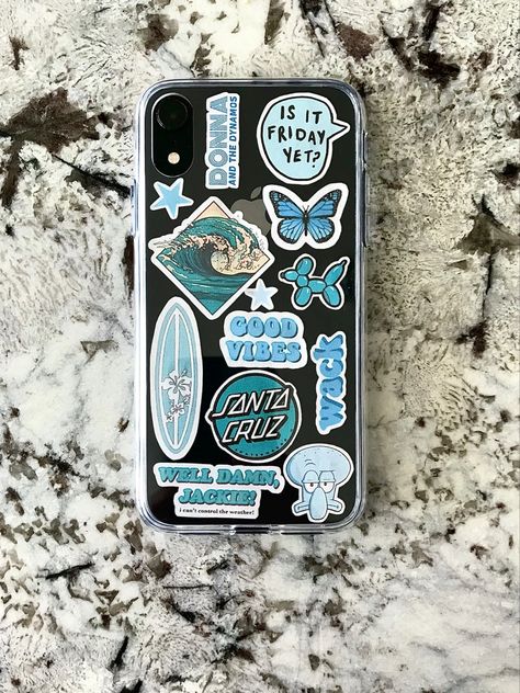 Clear Phone Case Ideas, Clear Phone Case Design, Blue Stickers, Diy Phone Case Design, Cute Iphone Cases, Blue Phone Case, Diy Iphone Case, Iphone Case Stickers, Animal Phone Cases