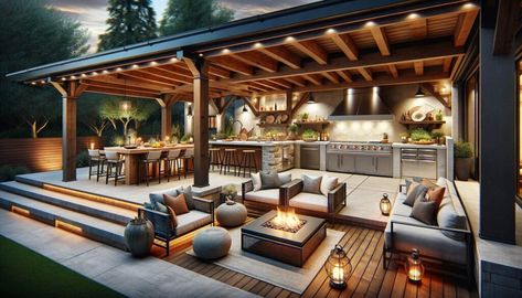 Walkout Basement Outdoor Kitchen, Backyard Covered Kitchen Ideas, Outdoor Kitchen And Entertainment Area, Outdoor Kitchen With Fireplace And Pool, California Outdoor Kitchen, Outdoor Pool Kitchen Ideas, Huge Outdoor Kitchen, Screened Outdoor Kitchen, Southern Outdoor Kitchen