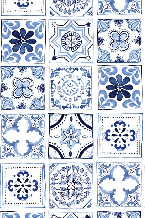 Surface Pattern Design Trends 2022, Blue And White Aesthetic, Blue Pottery Designs, Italian Tiles Pattern, Design Trends 2022, Watercolor Pattern Design, Spanish Pattern, Pattern Design Ideas, Italian Pattern