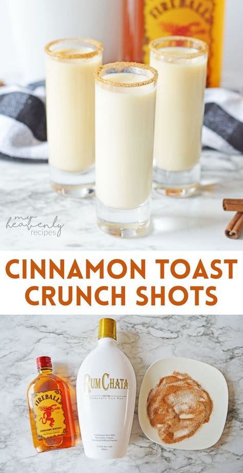 Cinnamon Toast Shots, French Toast Shots, Festive Shots Holiday Drinks, Cinnamon Toast Crunch Shots Recipe, Fireball Rumchata Shots, Shots With Fireball Whiskey, Christmas Drinks With Fireball, Rumchata Christmas Shots, Cute Shots Alcohol