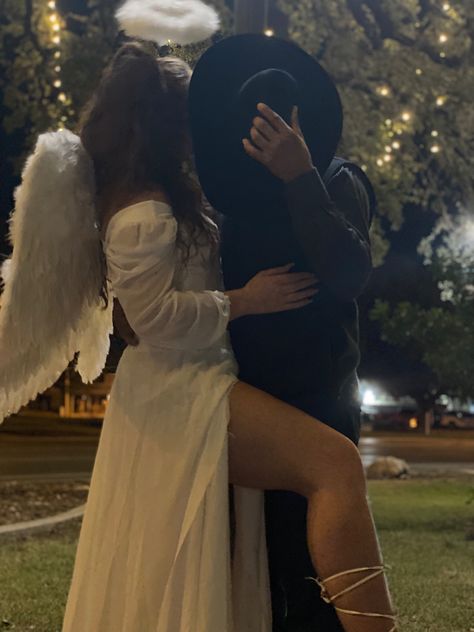 Cowboy And Angel Costume Halloween, Cowboy And Angel Costume, Cowboys And Angels Costume, Cowboy And Angel Couple Costume, Dark Angel Couple Costume, Couple Cowboy And Cowgirl Costumes, Couples Costume Cowboy And Cowgirl, Angel Cowboy, Costume Couples