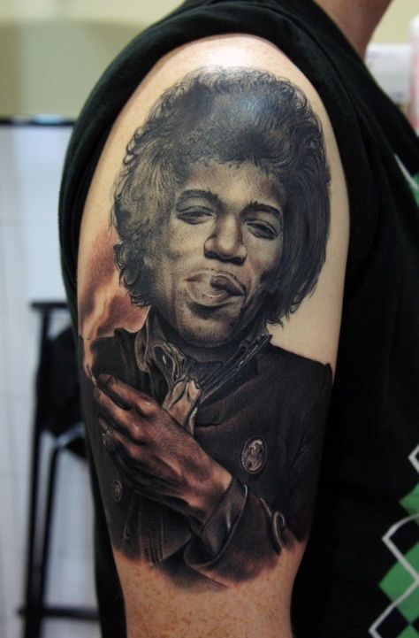 Jimi Hendrix Fan Tattoo Jimmy Hendricks, Hendrix Tattoo, Jimi Hendrix Tattoo, Black People Tattoos, Exotic Tattoos, Jimmy Hendrix, Pride Tattoo, Tribute Tattoos, Fan Tattoo