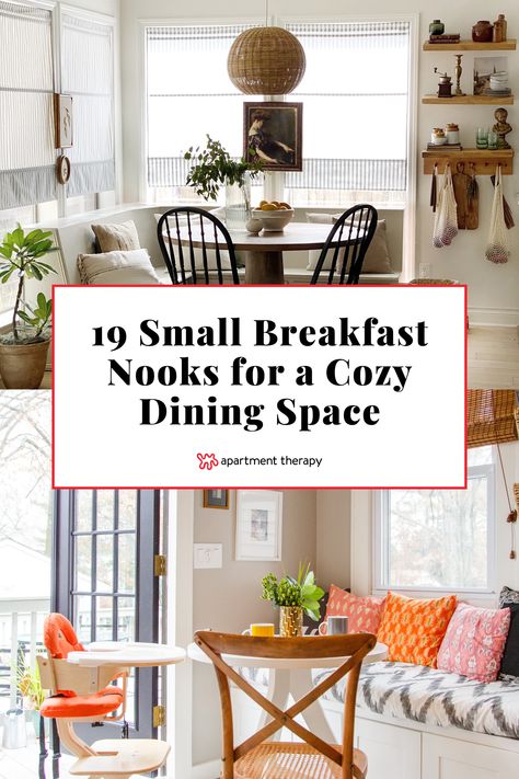 Cute and cozy small breakfast nooks make for the dreamiest mornings. Check out these 19 ideas for inspiration. Colorful Breakfast Nook, Sitting Nook In Dining Room, Breakfast Nook Ideas Diy, Breakfast Nook With Plants, Tiny Kitchen Breakfast Nook, Breakfast Table For Two, Small Space Dining Ideas, Small Kitchen Ideas Seating, Dining Ideas For Small Spaces