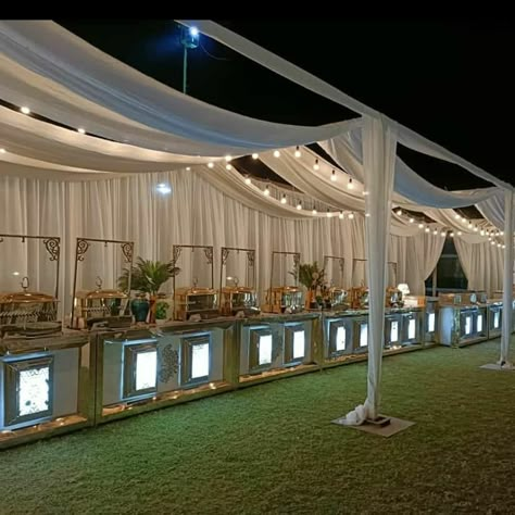 Lawn Wedding Decor Indian Night, Indian Wedding Garden Decoration, Buffet Counter Design Wedding, Wedding Lawn Decorations Indian, Terrace Wedding Decor Indian, Varmala Decoration, Food Counter Decor Wedding, Outdoor Wedding Decorations Indian Night, Engagement Venue Decorations